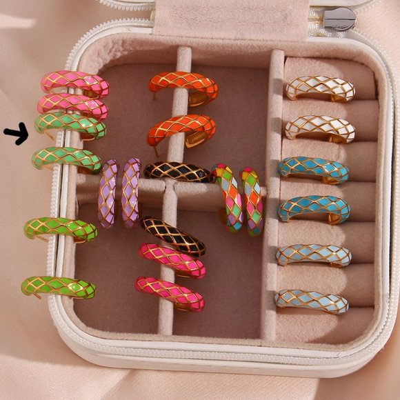 Mint Green Geometric Pattern Hoop Earrings 18K Gold Plated Stainless - Picture 5 of 8